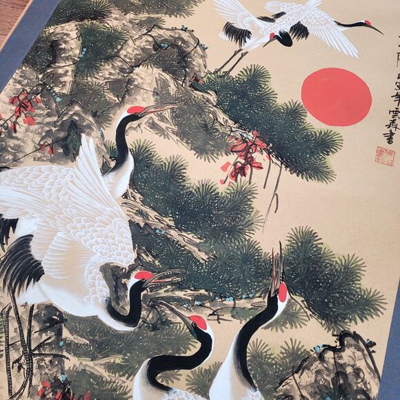 Vtg Chinese Scroll Paintings Artwork Bundle Crane Blossom Waterfall - Picture 3 of 15